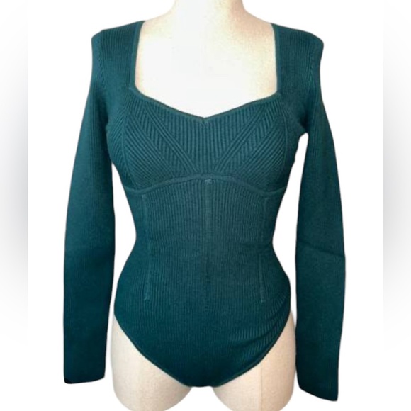 Abercrombie & Fitch dark green ribbed long sleeve corset bodysuit bodycon - Picture 1 of 11